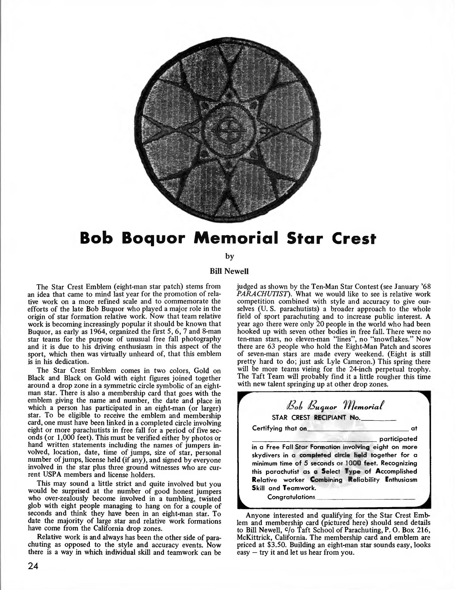 Bob Buquor Memorial Star Crest